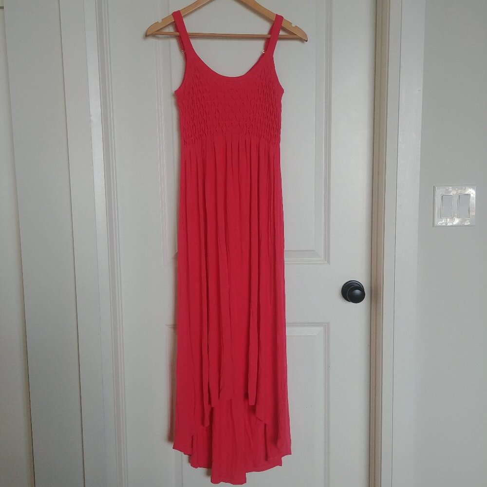 Jana soft stretchy midi maxi dress coral pink smocked bodice M…